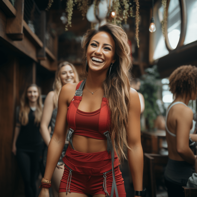 female fitness models laughing in the gym
