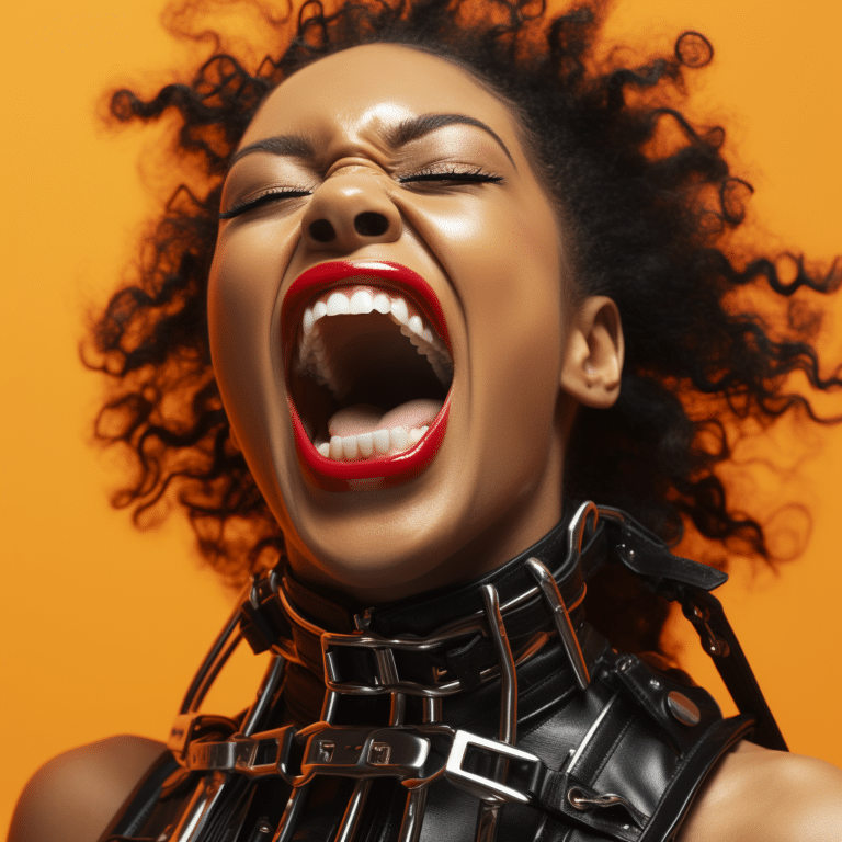 female super models in harnesses behind eachother laughing
