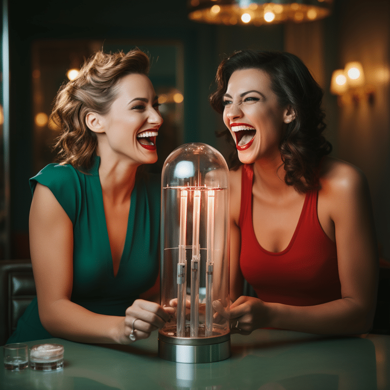 female supermodels laughing while holding glass tube