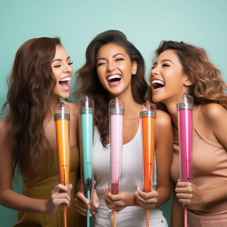 latina models laughing while holding different colored tubes