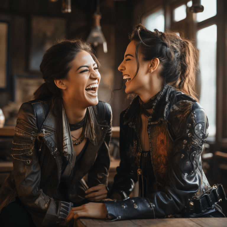 two female lesbian models laughing