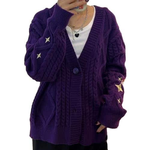 Women's Cardigan Long Sleeve V Neck Open Front Knitted Star Embroidery Button Down Jumper Knitwear PurpleXL