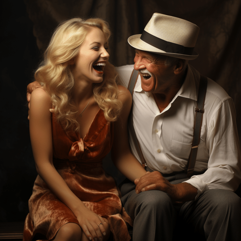 old man laughing with female blonde supermodel in 20s